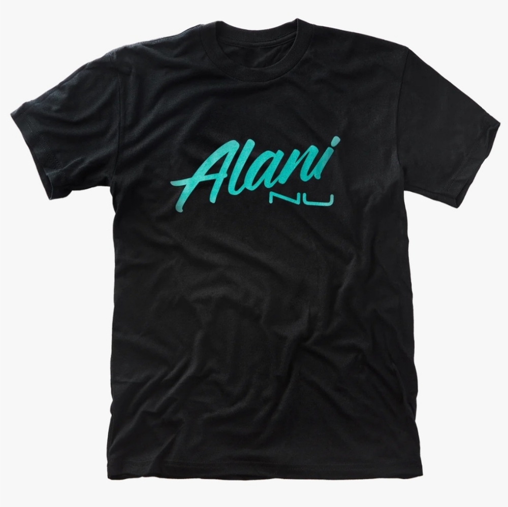 NEW! Alani Nu Seafoam Teal Graphic Logo, Black T-Shirt, Size Adult Unisex XSmall
